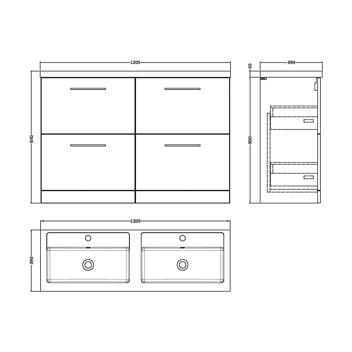 [BFLE2233C2] Balterley Level 1200mm Floor Standing 4 Drawer Vanity Unit with Double Basin, Handles & Overflow for Bathroom Storage Gloss White - Technical Drawing