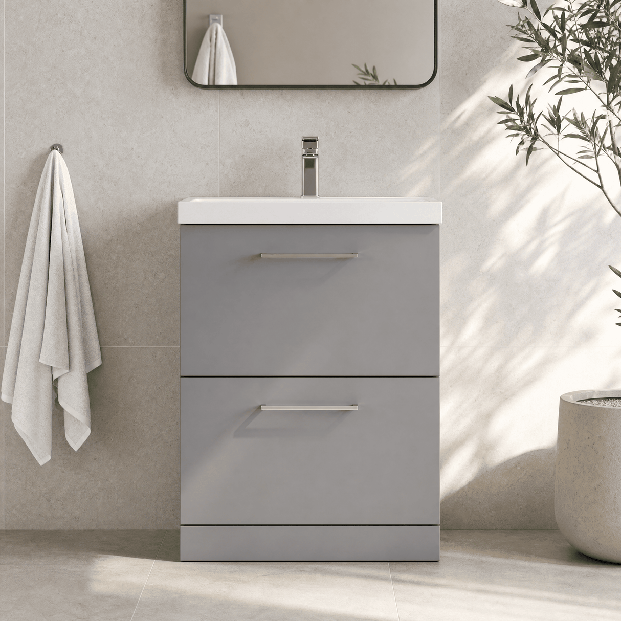 [BFLE2233D] Bramshall Contemporary 2 Drawer Floor Standing Vanity Unit, Choice of Size, Colour and Basin - Silo
