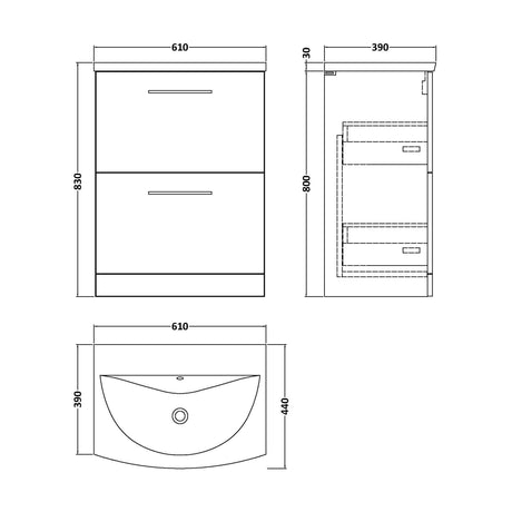 [BFLE2233G] Balterley  Modern Bathroom Floor Standing 2 Soft Close Drawer Vanity Unit & Curved Basin, Satin Grey, 600mm - Technical Drawing