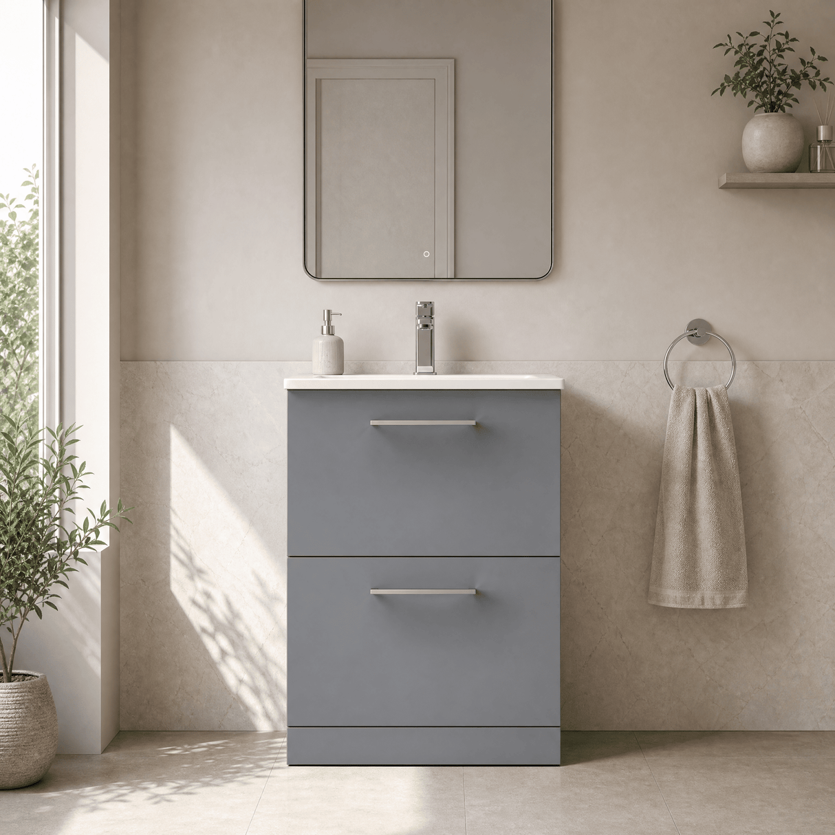 [BFLE2233G] Bramshall Contemporary 2 Drawer Floor Standing Vanity Unit, Choice of Size, Colour and Basin - Silo