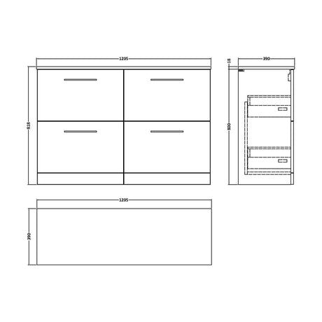 [BFLE2233W2] Balterley Level Modern Bathroom 4 Drawer Floor Standing Vanity Unit with Laminate Worktop & Handles, Satin Grey, 1200 mm - Technical Drawing