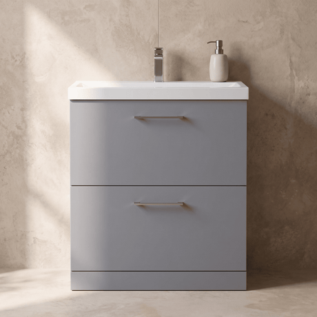 [BFLE2235A] Balterley Contemporary Bathroom Floor Standing 2 Drawer Vanity Unit & Mid-Edge Ceramic Basin, Satin Grey, 800 mm - Silo