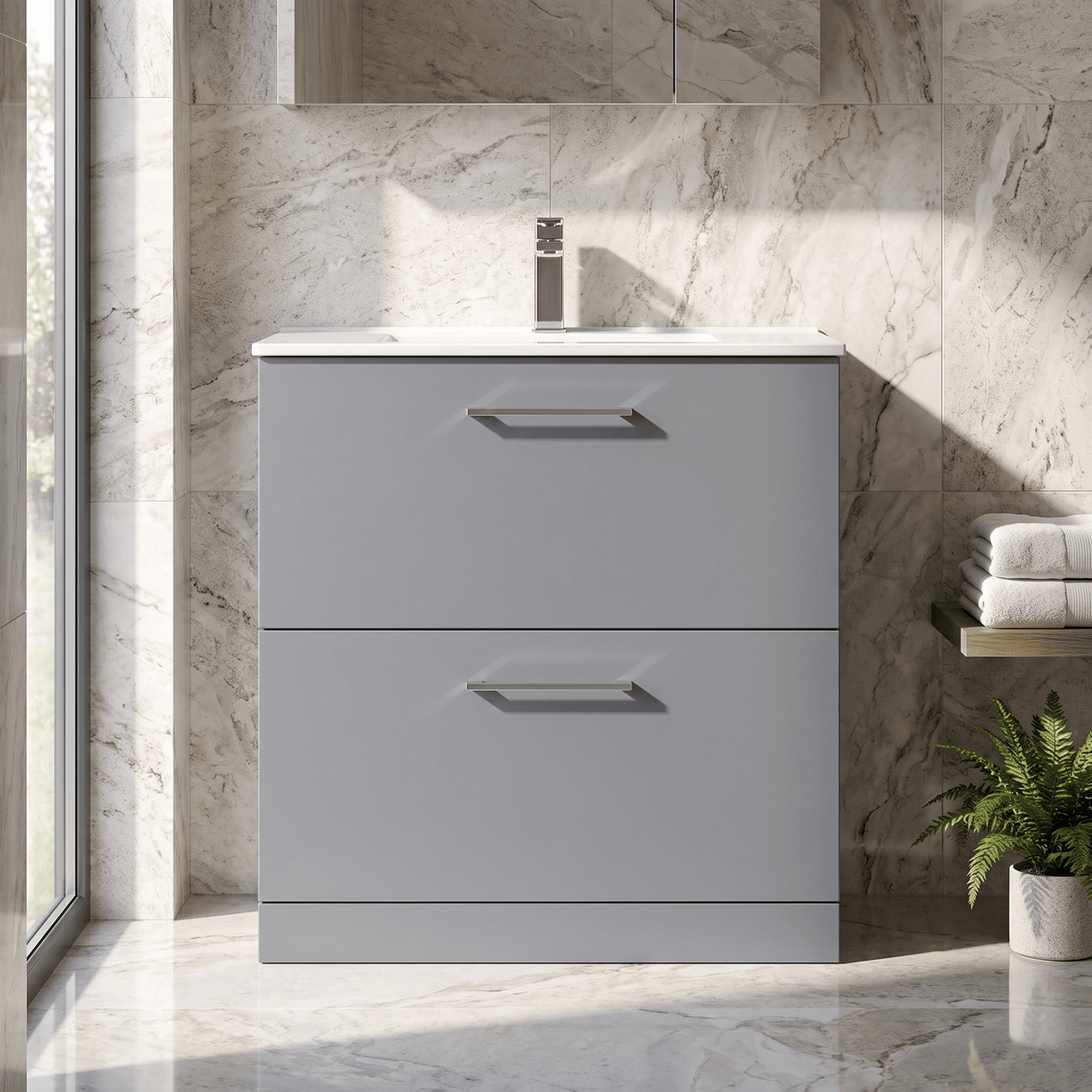 [BFLE2235B] Bramshall Contemporary 2 Drawer Floor Standing Vanity Unit, Choice of Size, Colour and Basin - Silo