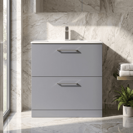 [BFLE2235B] Bramshall Contemporary 2 Drawer Floor Standing Vanity Unit, Choice of Size, Colour and Basin - Silo