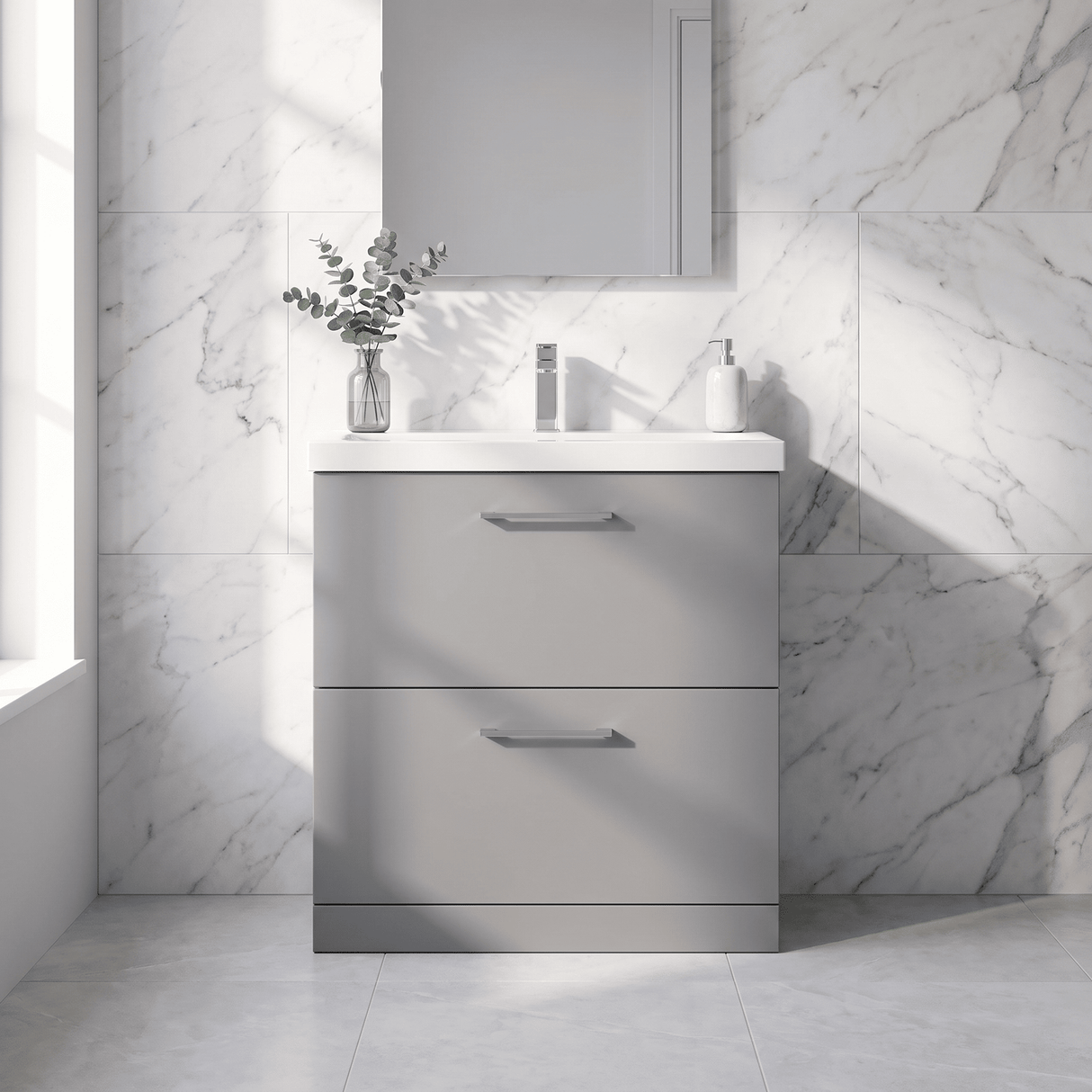 [BFLE2235D] Bramshall Contemporary 2 Drawer Floor Standing Vanity Unit, Choice of Size, Colour and Basin - Silo