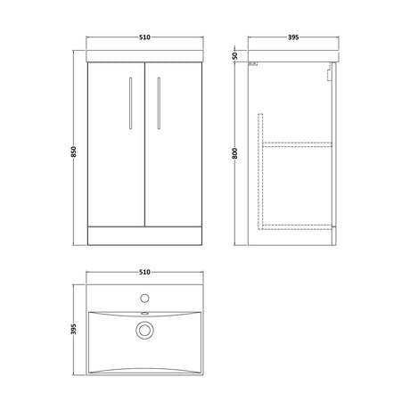 [BFLE2501D] Balterley  Contemporary Bathroom 2 Soft Close Door & Thin-Edge Floor Standing Vanity Unit Basin, Solace Oak, 500mm - Technical Drawing