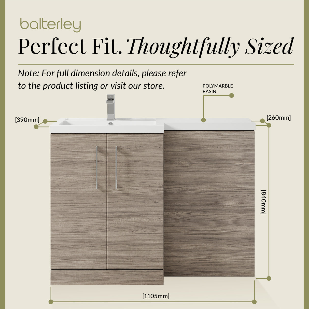 Bathroom Vanity Unit with Basin & WC Unit, Left Hand, 1100mm x 390mm - Choice of Colour