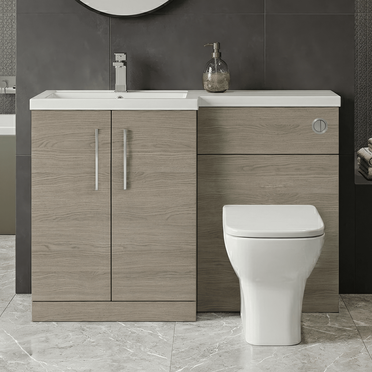 [BFLE2511L] Bramshall Combination Vanity Unit with Basin & WC, Left Hand, 1100mm x 390mm - Choice of Colour and Handle Finish - Silo