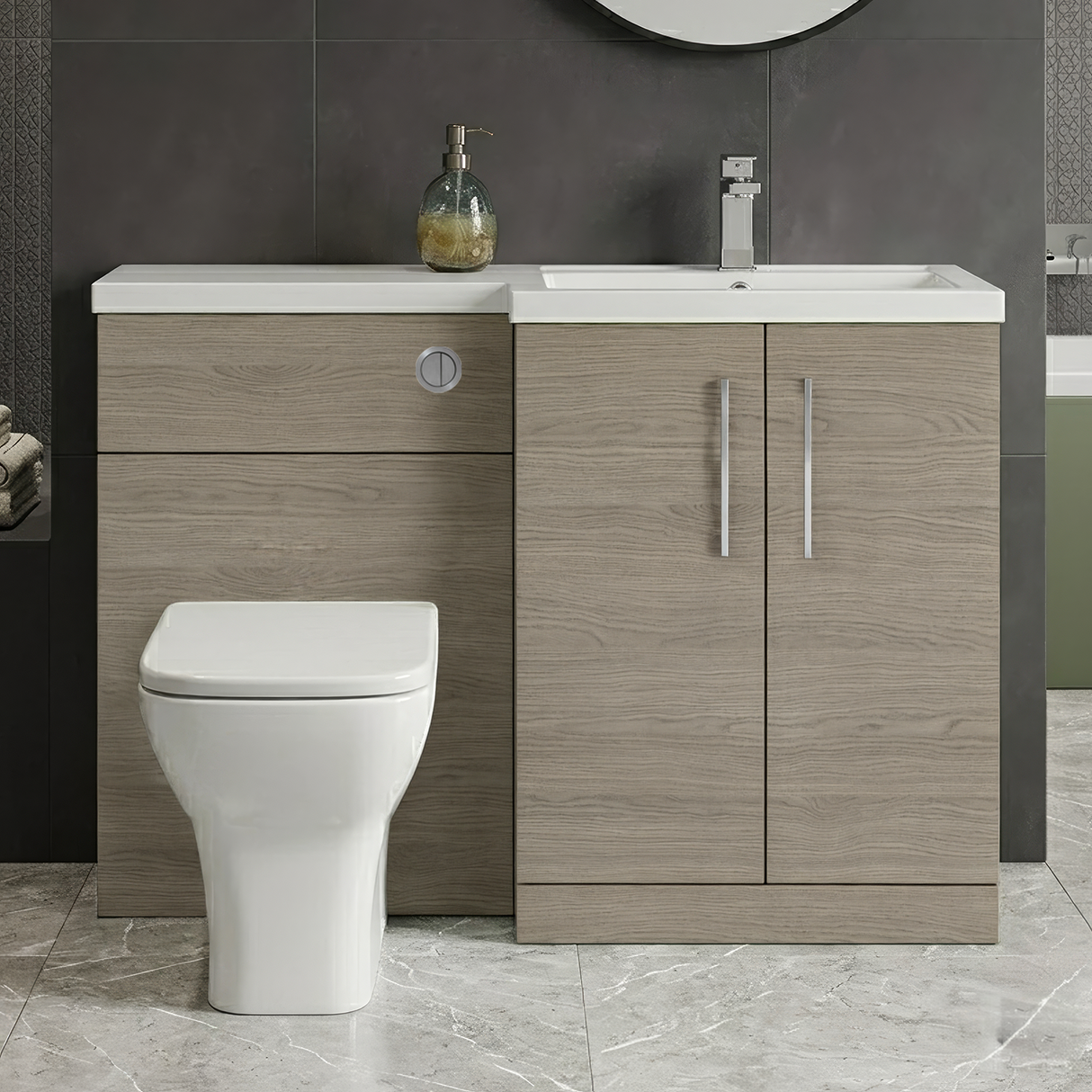 Bramshall Combination Vanity Unit with Basin & WC, Right Hand, 1100mm x 390mm - Choice of Colour and Handle Finish