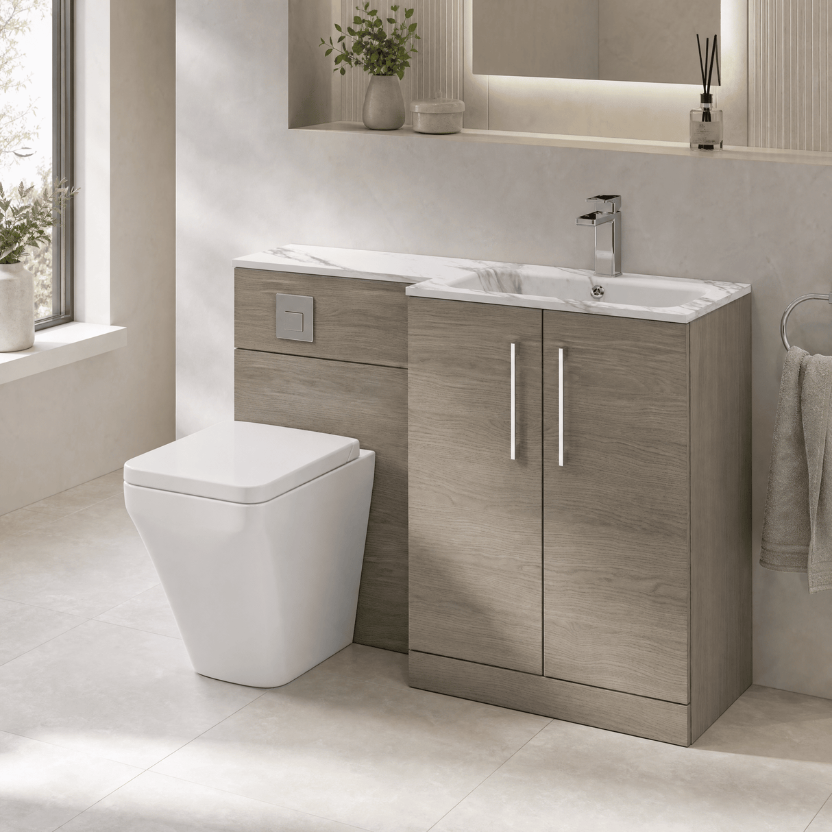 [BFLE2513R] Bramshall Contemporary 2 Door Floor Standing Combination Unit with Stone Basin, 1100mm, Choice of Orientation and Colour