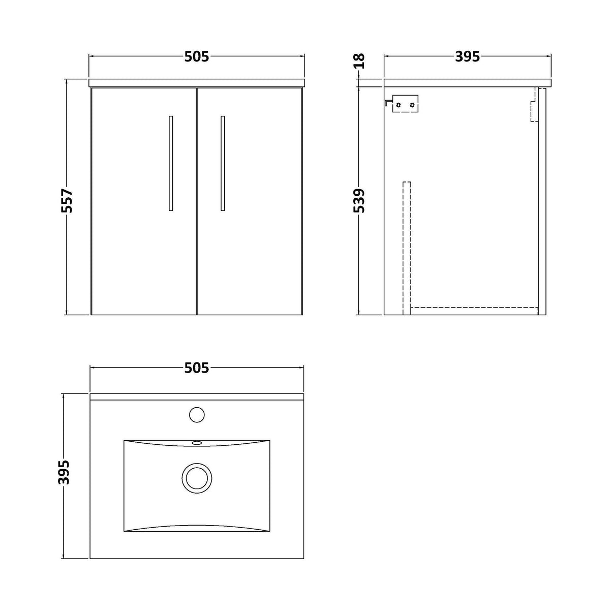 [BFLE2521B] Bramshall Contemporary 2 Door Wall Hung Vanity Basin Unit, Choice of Size, Colour and Basin - Technical Drawing