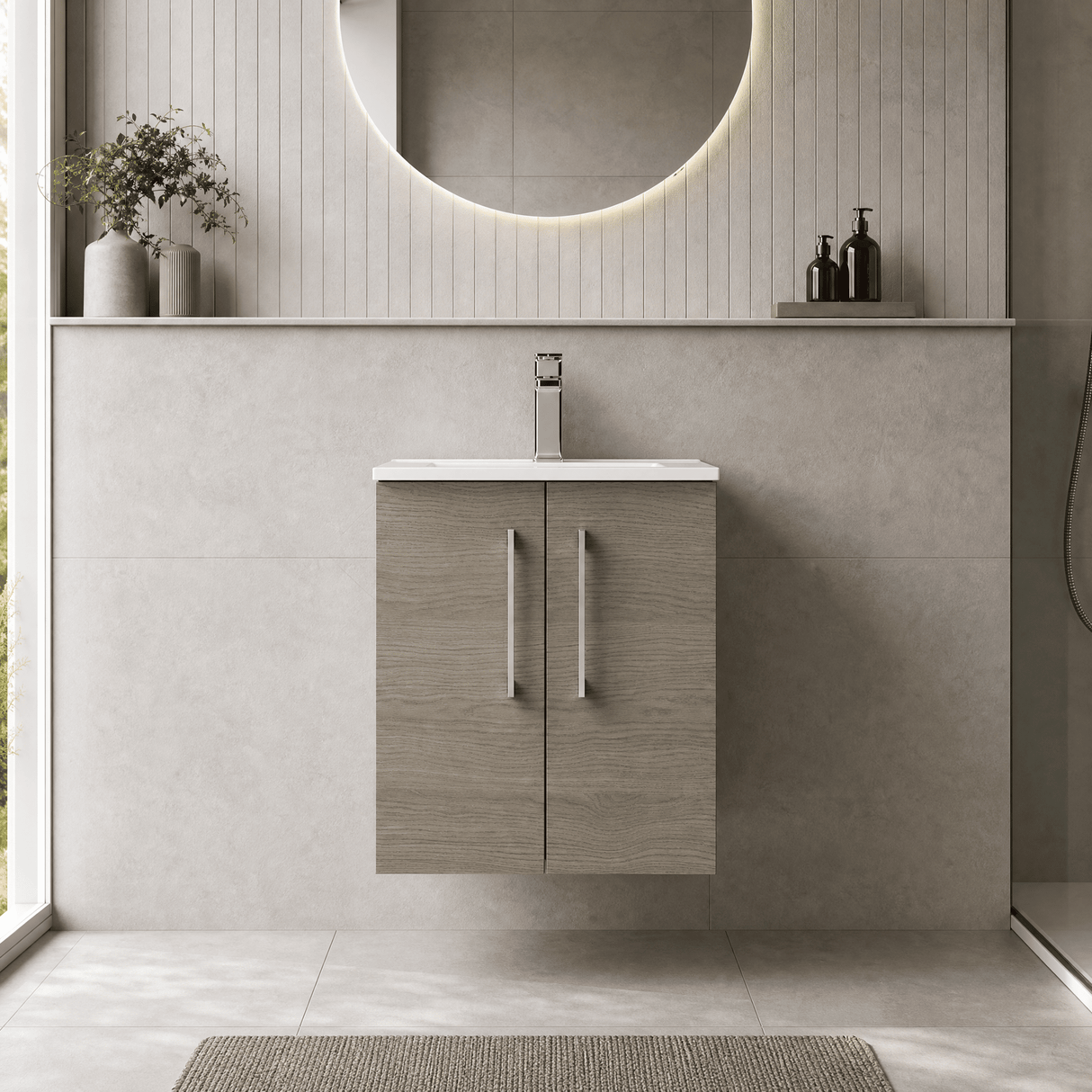 [BFLE2521B] Balterley Level Contemporary Bathroom 2 Soft Close Door & Minimalist Wall Hung Vanity Unit Basin, Solace Oak, 500mm - Lifestyle 1
