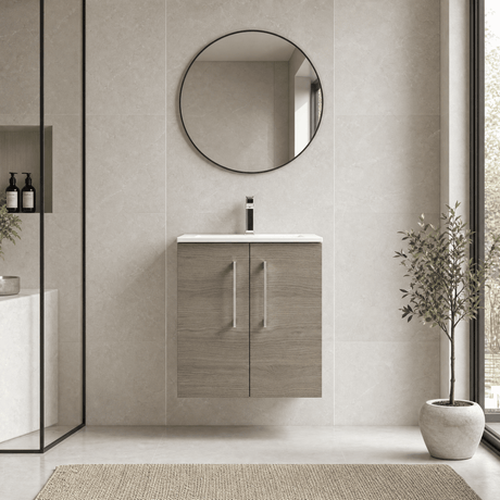 [BFLE2521B] Balterley Level Contemporary Bathroom 2 Soft Close Door & Minimalist Wall Hung Vanity Unit Basin, Solace Oak, 500mm - Silo