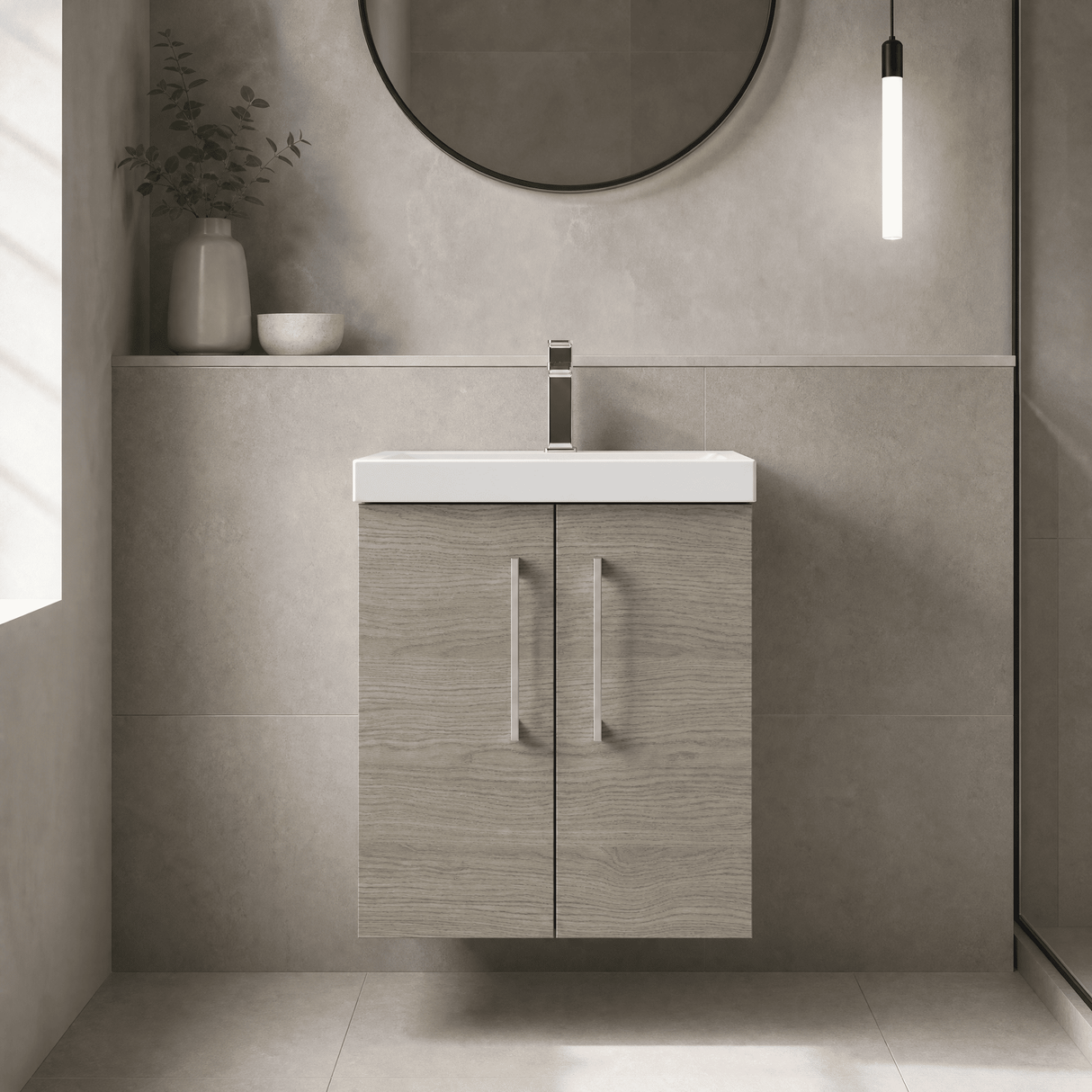 [BFLE2521D] Balterley  Wall Hung 2 Soft Close Door & Thin-Edge Bathroom Vanity Unit Basin, Solace Oak, 500 mm - Lifestyle 1