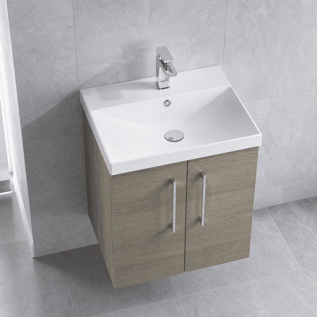 [BFLE2521D] Balterley  Wall Hung 2 Soft Close Door & Thin-Edge Bathroom Vanity Unit Basin, Solace Oak, 500 mm - Lifestyle 2