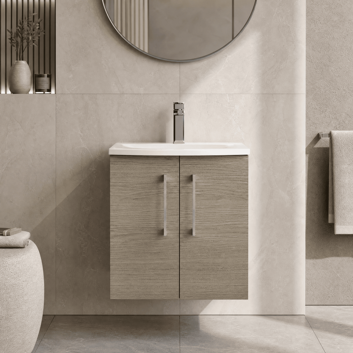 [BFLE2521G] Balterley  Modern Bathroom Wall Hung 2-Door Vanity & Curved Basin, Solace Oak, 500mm - Lifestyle 1