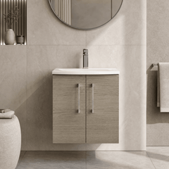 [BFLE2521G] Balterley  Modern Bathroom Wall Hung 2-Door Vanity & Curved Basin, Solace Oak, 500mm - Lifestyle 1