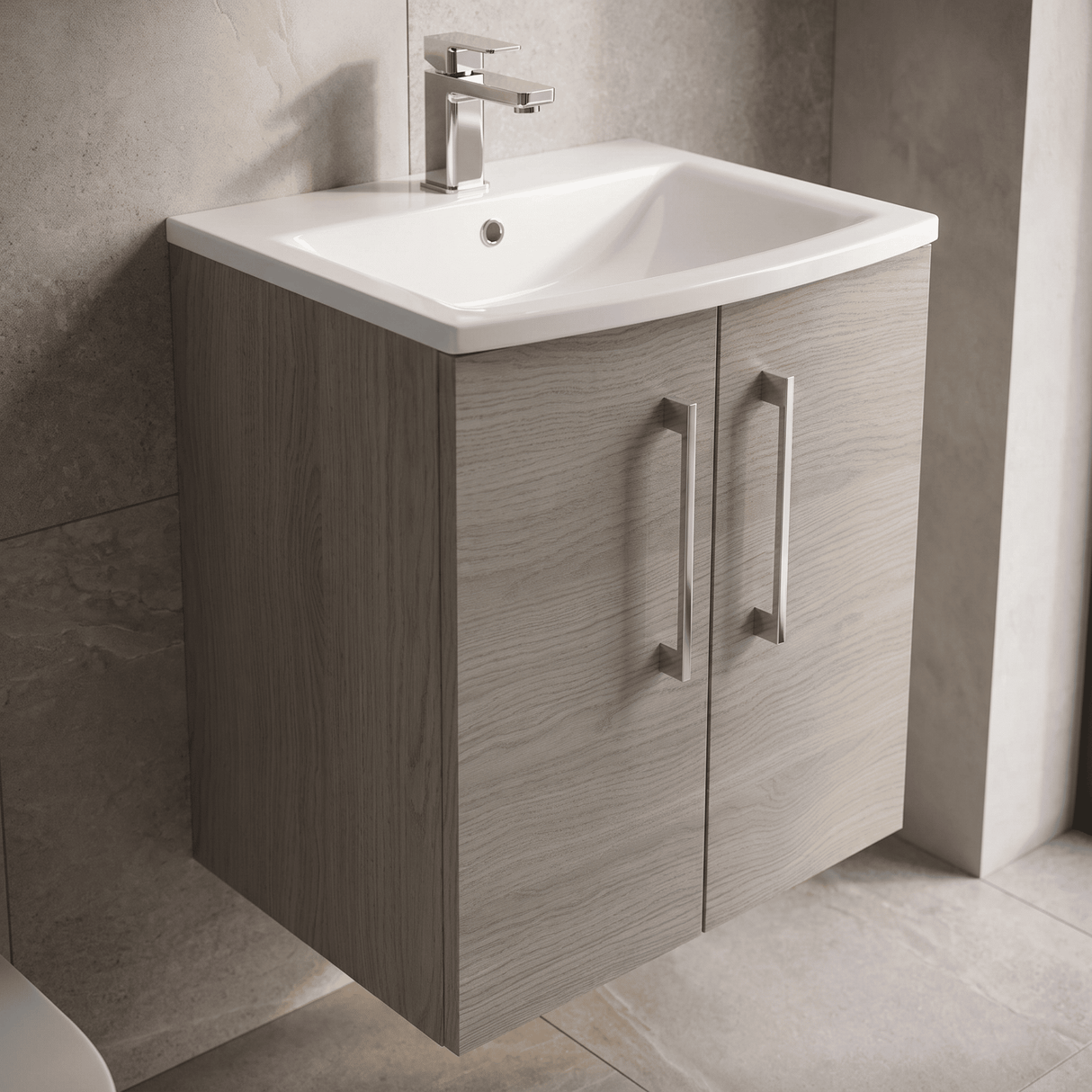 [BFLE2521G] Balterley  Modern Bathroom Wall Hung 2-Door Vanity & Curved Basin, Solace Oak, 500mm - Lifestyle 2