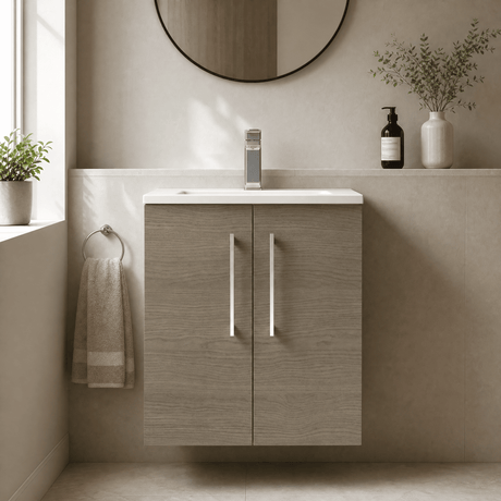 [BFLE2521G] Balterley  Modern Bathroom Wall Hung 2-Door Vanity & Curved Basin, Solace Oak, 500mm - Silo