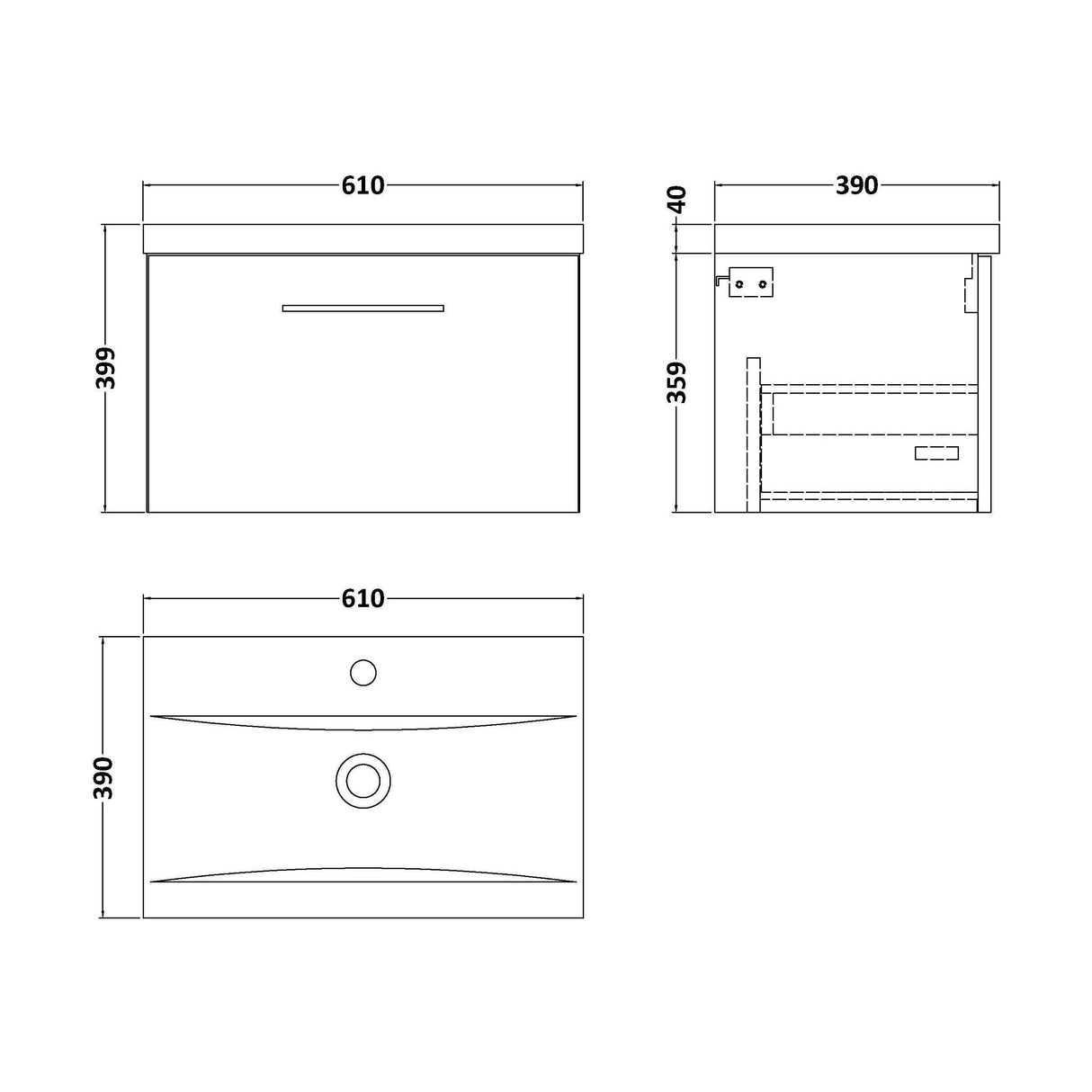 [BFLE2522AH019] Bramshall Wall Hung 1 Drawer Vanity Unit with Mid-Edge Ceramic Basin - Choice of Colour, Handle Finish and Size - Technical Drawing