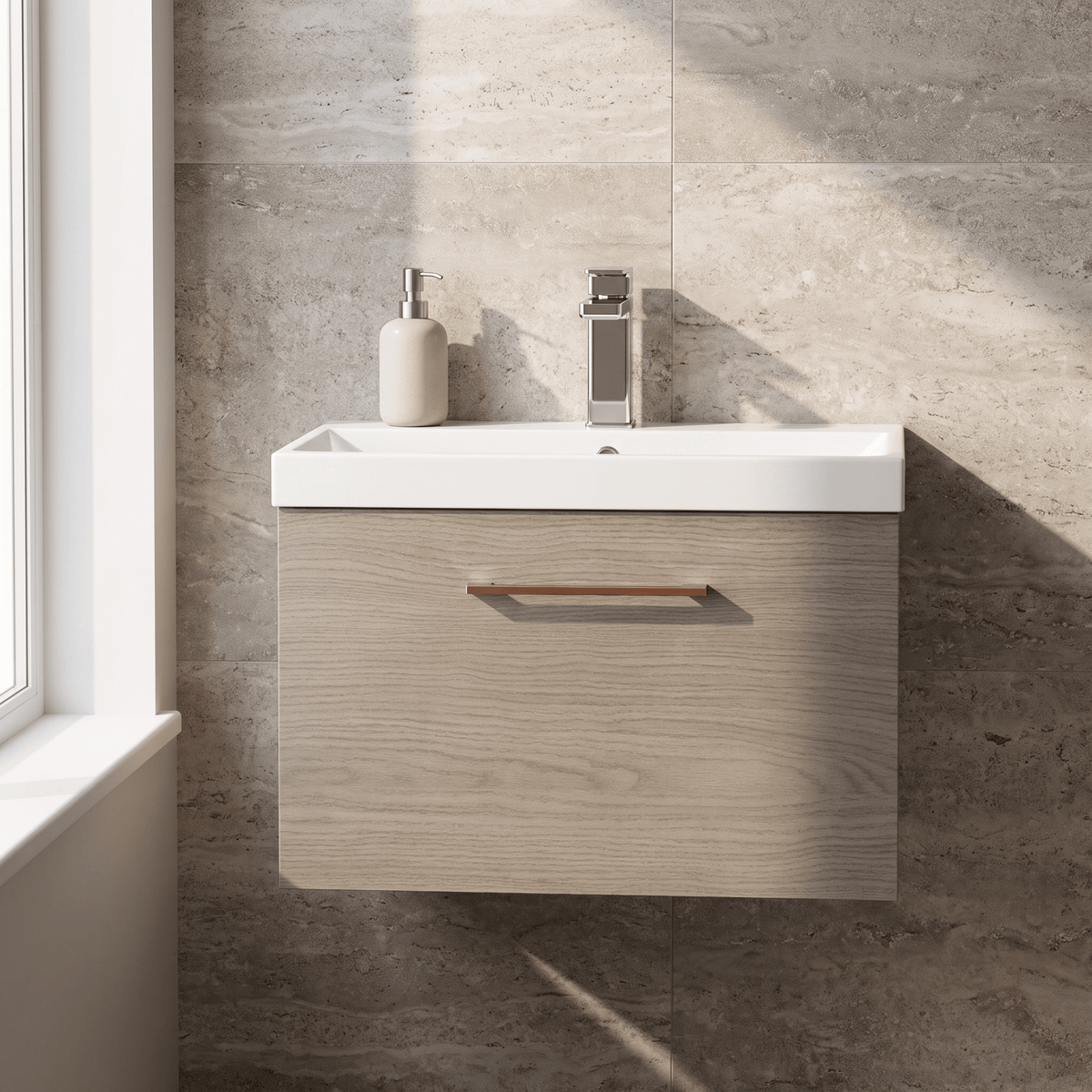 [BFLE2522AH019] Bramshall Wall Hung 1 Drawer Vanity Unit with Mid-Edge Ceramic Basin 600mm - Studio Shot