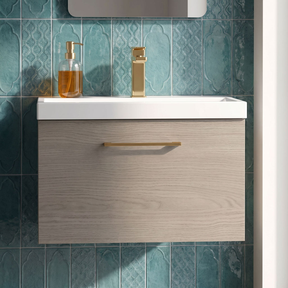 [BFLE2522AH1516] Bramshall Wall Hung 1 Drawer Vanity Unit with Mid-Edge Ceramic Basin 600mm - Studio Shot