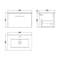 [BFLE2522B] Balterley Level Contemporary Bathroom 1 Soft Close Drawer & Minimalist Wall Hung Vanity Unit Basin, Solace Oak, 600mm - Technical Drawing