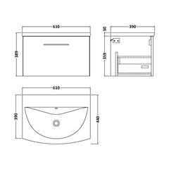 [BFLE2522G] Balterley  Modern Bathroom Wall Hung 1-Drawer Vanity & Curved Basin, Solace Oak, 600mm - Technical Drawing