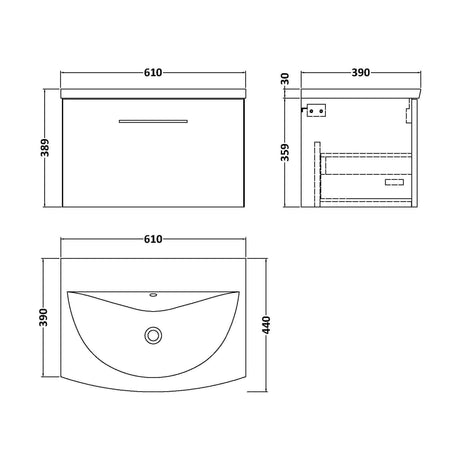 [BFLE2522G] Balterley  Modern Bathroom Wall Hung 1-Drawer Vanity & Curved Basin, Solace Oak, 600mm - Technical Drawing