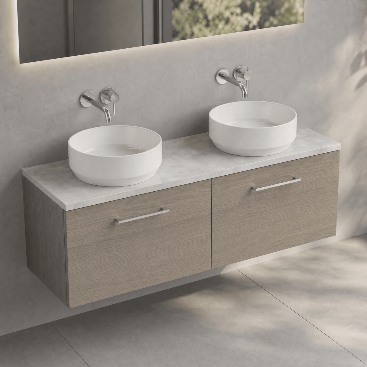 [BFLE2522LBG2] Bramshall Wall Hung 2 Drawer Vanity Unit with Bellato Grey Laminate Worktop, 1200mm, Choice of Colour