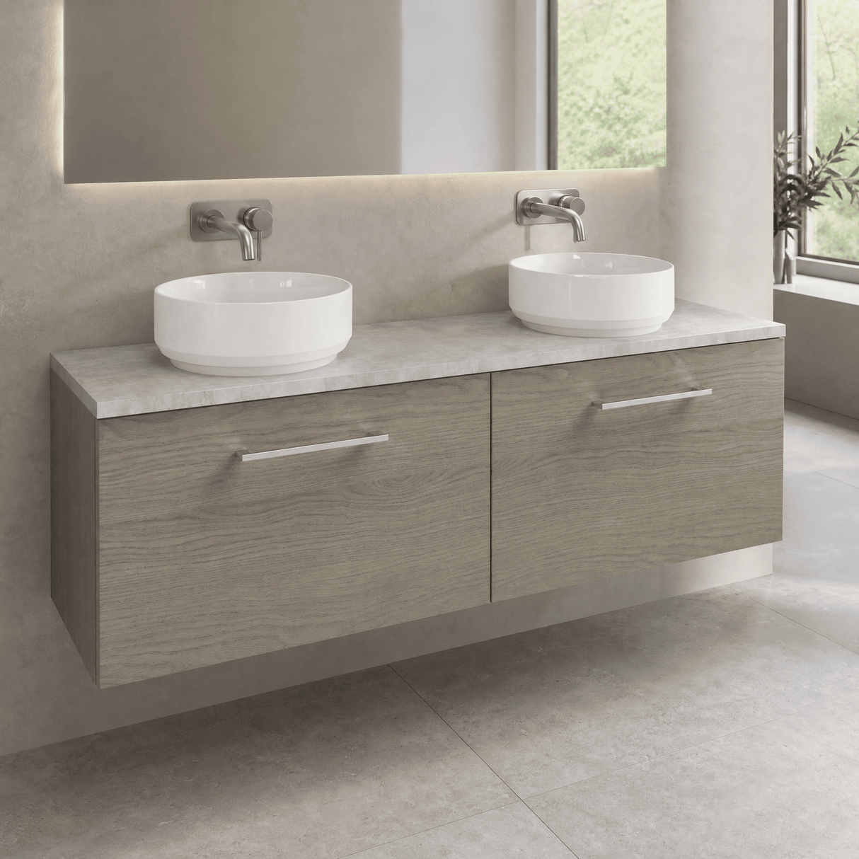 [BFLE2522LBG2] Bramshall Wall Hung 2 Drawer Vanity Unit with Bellato Grey Laminate Worktop, 1200mm, Choice of Colour