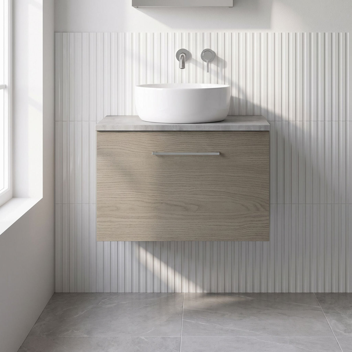 [BFLE2522LBG] Bramshall Contemporary 1 Drawer Wall Hung Vanity Unit with Bellato Grey Laminate Worktop, Choice of Size and Colour