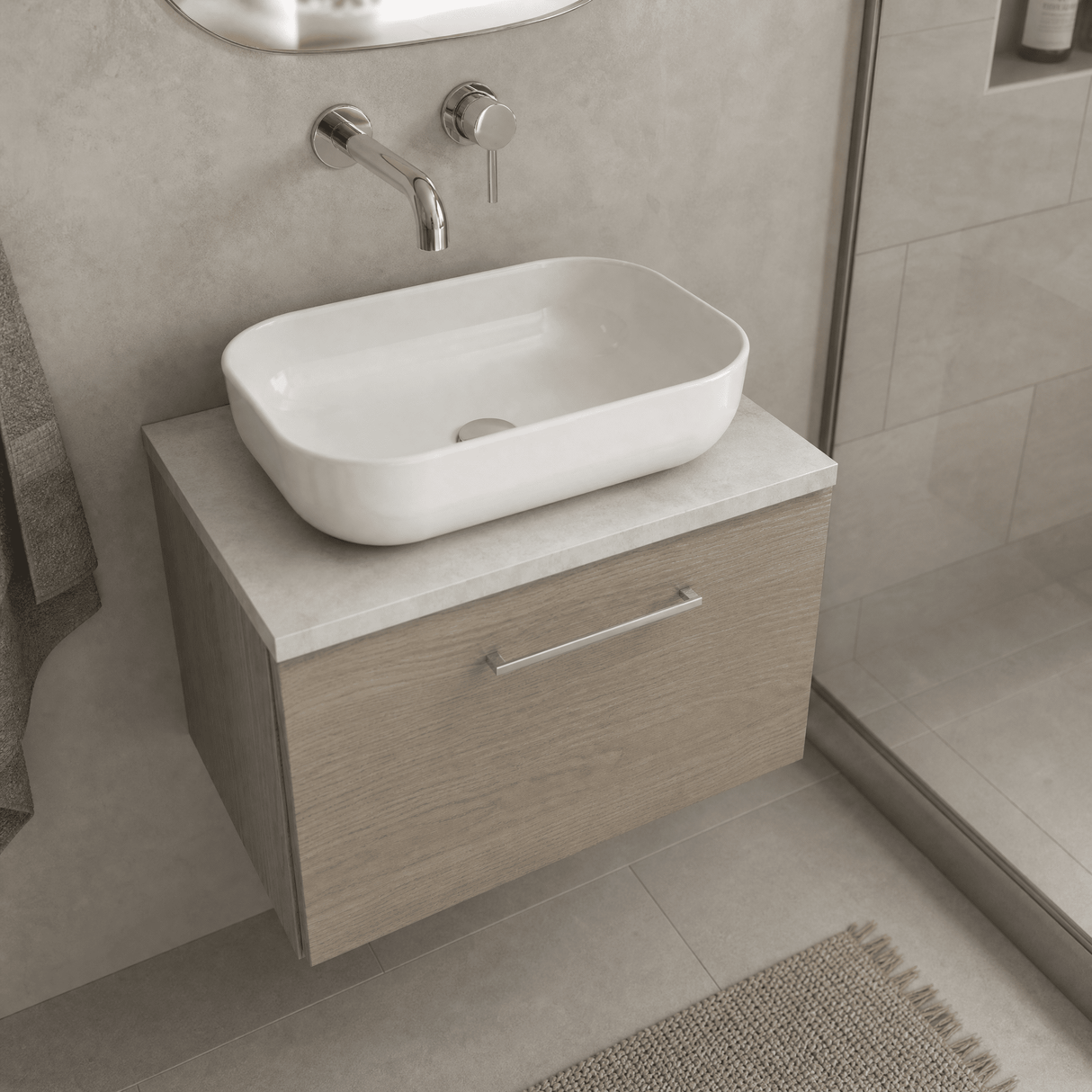 [BFLE2522LBG] Bramshall Contemporary 1 Drawer Wall Hung Vanity Unit with Bellato Grey Laminate Worktop, Choice of Size and Colour