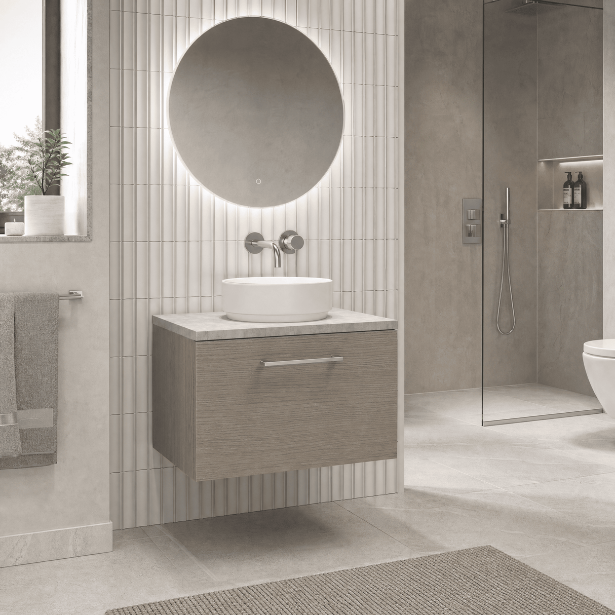 [BFLE2522LBG] Bramshall Contemporary 1 Drawer Wall Hung Vanity Unit with Bellato Grey Laminate Worktop, Choice of Size and Colour