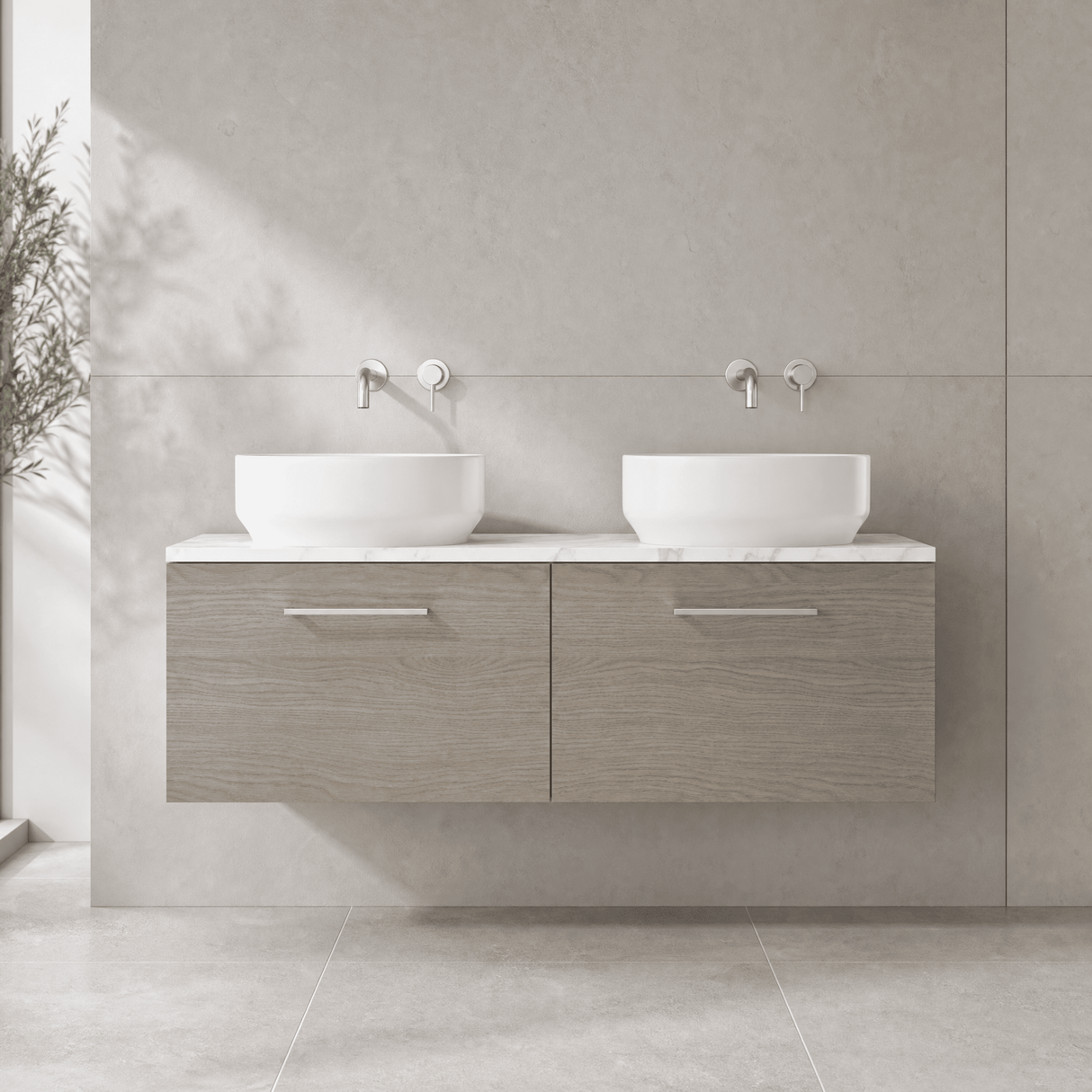 [BFLE2522LCM2] Bramshall Contemporary 2 Drawer Wall Hung Vanity Unit with Carrera Marble Laminate Worktop, 1200mm, Choice of Colour