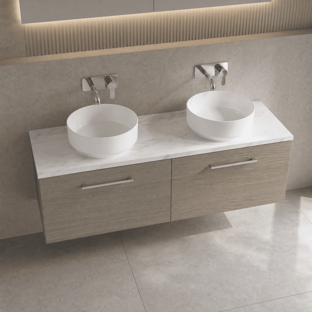 [BFLE2522LCM2] Bramshall Contemporary 2 Drawer Wall Hung Vanity Unit with Carrera Marble Laminate Worktop, 1200mm, Choice of Colour