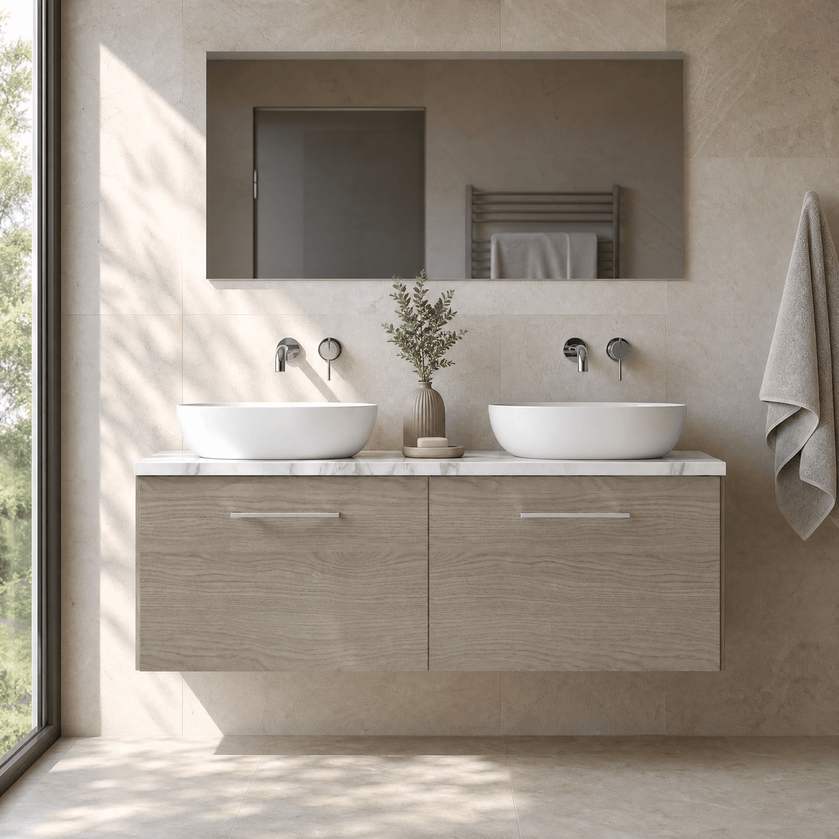 [BFLE2522LCM2] Bramshall Contemporary 2 Drawer Wall Hung Vanity Unit with Carrera Marble Laminate Worktop, 1200mm, Choice of Colour - Silo