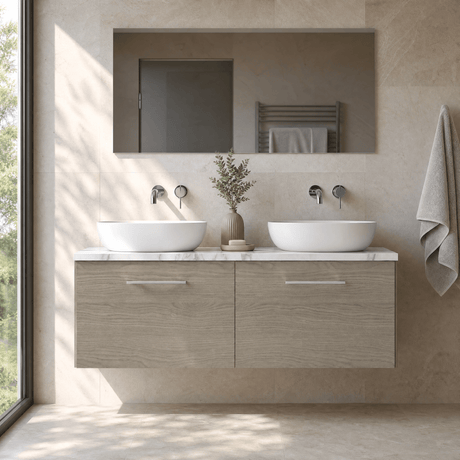 [BFLE2522LCM2] Bramshall Contemporary 2 Drawer Wall Hung Vanity Unit with Carrera Marble Laminate Worktop, 1200mm, Choice of Colour - Silo