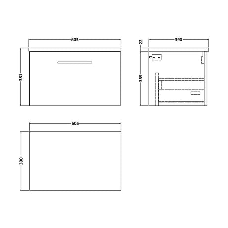 [BFLE2522LCM] Balterley Level 600mm Wall Hung 1 Drawer Vanity Unit with Laminate Worktop for Compact Natural-Wood Bathroom Storage Solace Oak - Technical Drawing