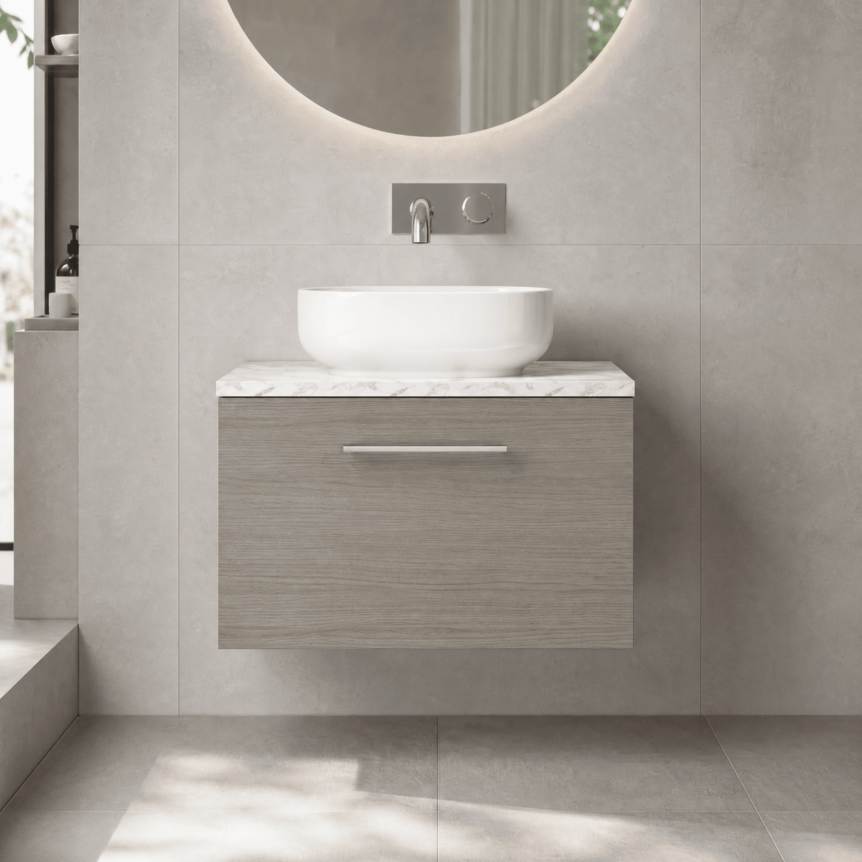 [BFLE2522LCM] Bramshall Contemporary 1 Drawer Wall Hung Vanity Unit with Carrera Marble Laminate Worktop, Choice of Size and Colour