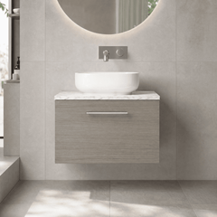 [BFLE2522LCM] Bramshall Contemporary 1 Drawer Wall Hung Vanity Unit with Carrera Marble Laminate Worktop, Choice of Size and Colour