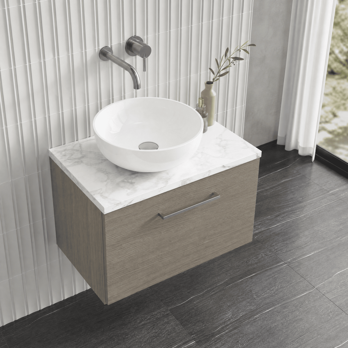 [BFLE2522LCM] Bramshall Contemporary 1 Drawer Wall Hung Vanity Unit with Carrera Marble Laminate Worktop, Choice of Size and Colour