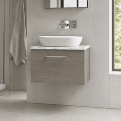 [BFLE2522LCM] Bramshall Contemporary 1 Drawer Wall Hung Vanity Unit with Carrera Marble Laminate Worktop, Choice of Size and Colour