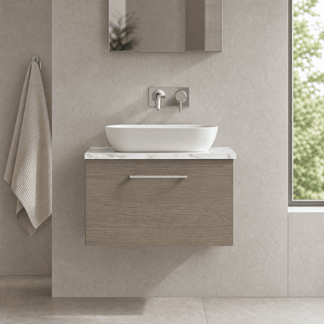 [BFLE2522LCM] Bramshall Contemporary 1 Drawer Wall Hung Vanity Unit with Carrera Marble Laminate Worktop, Choice of Size and Colour - Silo