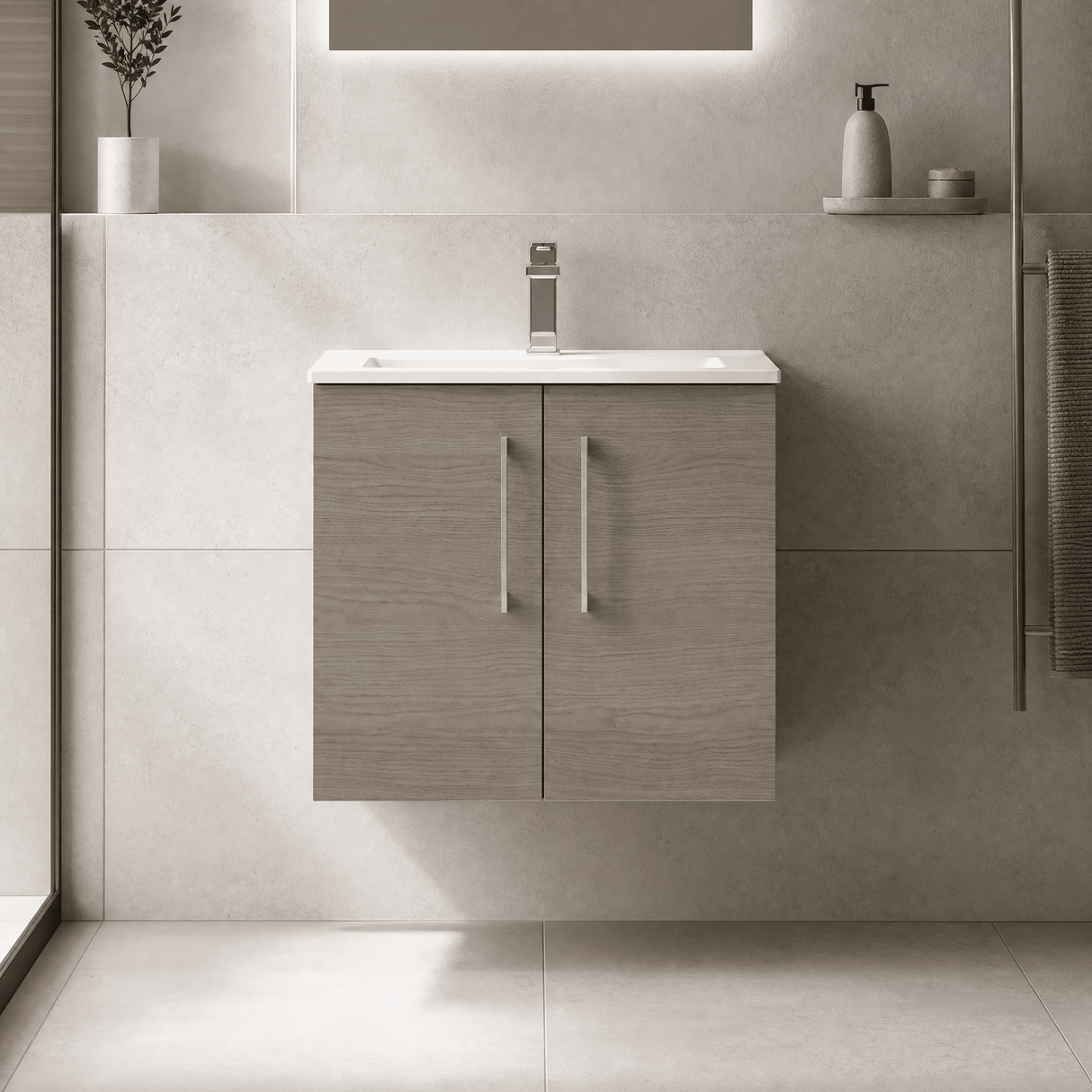 [BFLE2523B] Balterley Level Contemporary Bathroom 2 Soft Close Door & Minimalist Wall Hung Vanity Unit Basin, Solace Oak, 600mm - Lifestyle 1