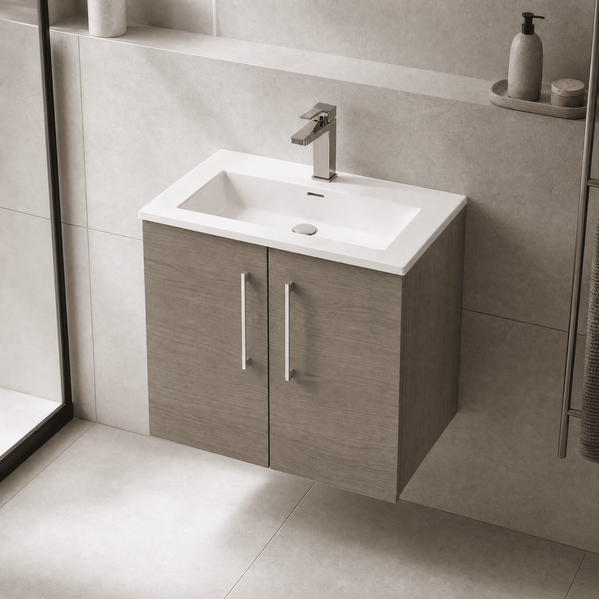 [BFLE2523B] Balterley Level Contemporary Bathroom 2 Soft Close Door & Minimalist Wall Hung Vanity Unit Basin, Solace Oak, 600mm - Lifestyle 2