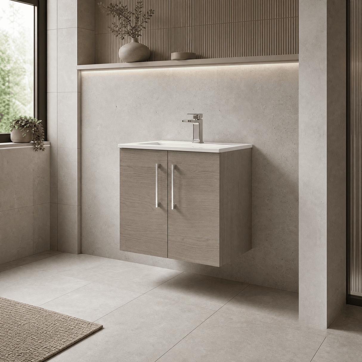 [BFLE2523B] Balterley Level Contemporary Bathroom 2 Soft Close Door & Minimalist Wall Hung Vanity Unit Basin, Solace Oak, 600mm - Lifestyle 3