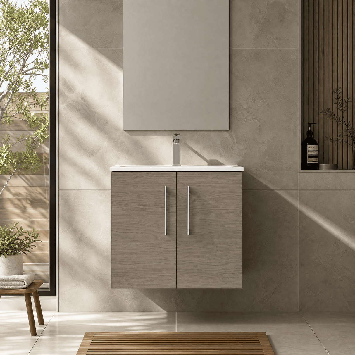 [BFLE2523B] Balterley Level Contemporary Bathroom 2 Soft Close Door & Minimalist Wall Hung Vanity Unit Basin, Solace Oak, 600mm - Silo
