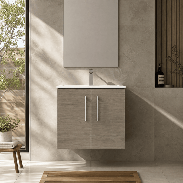 [BFLE2523B] Balterley Level Contemporary Bathroom 2 Soft Close Door & Minimalist Wall Hung Vanity Unit Basin, Solace Oak, 600mm - Silo