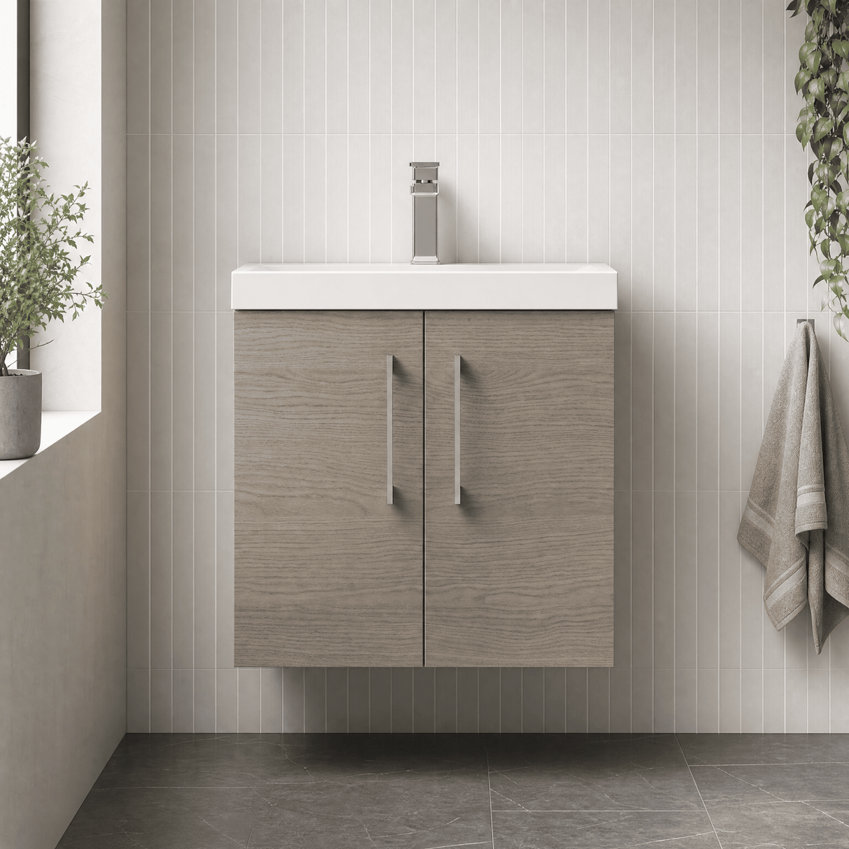 [BFLE2523D] Balterley  Wall Hung 2 Soft Close Door & Thin-Edge Bathroom Vanity Unit Basin, Solace Oak, 600mm - Lifestyle 1